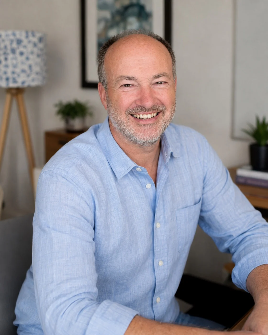 Dan Burman in a pale-blue linen shirt